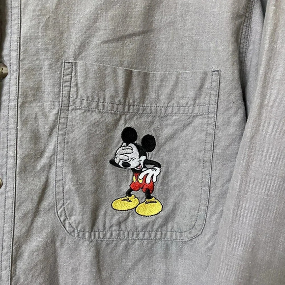 Vintage  Disney Store Laughing Mickey Embroidered Button Up Shirt Pocket Gray - Picture 4 of 5